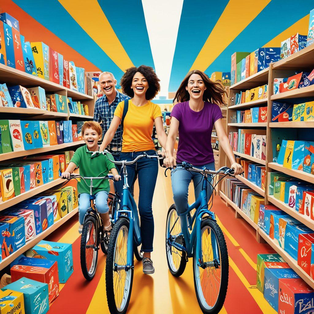 A happy family exploring a vibrant, bustling wholesale store filled with a variety of products for recreation and family use; think bikes, board games, camping gear, and sports equipment. The scene should radiate excitement and discovery, with highlights on discounted price tags and cheerful interactions. vector art. vibrant colors. clean and modern style.