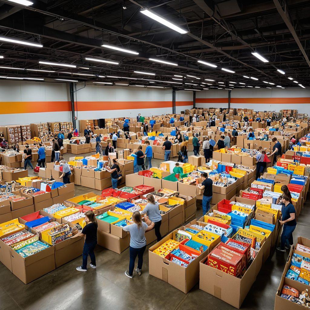 A lively and colorful warehouse full of bulk entertainment supplies, including stacks of board games, party decorations, and toys. Happy employees are organizing boxes, while a large 'Discount Fun Products' sign hangs above. Some kids are playing with toys in the foreground, radiating joy and excitement. super-realistic. vibrant colors.